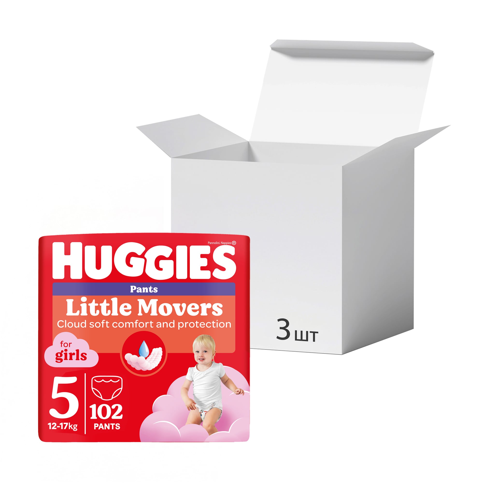 Упаковка підгузків-трусиків Huggies Little Movers Pants для дівчаток, розмір 5 (12-17 кг), 34 шт * 3 шт