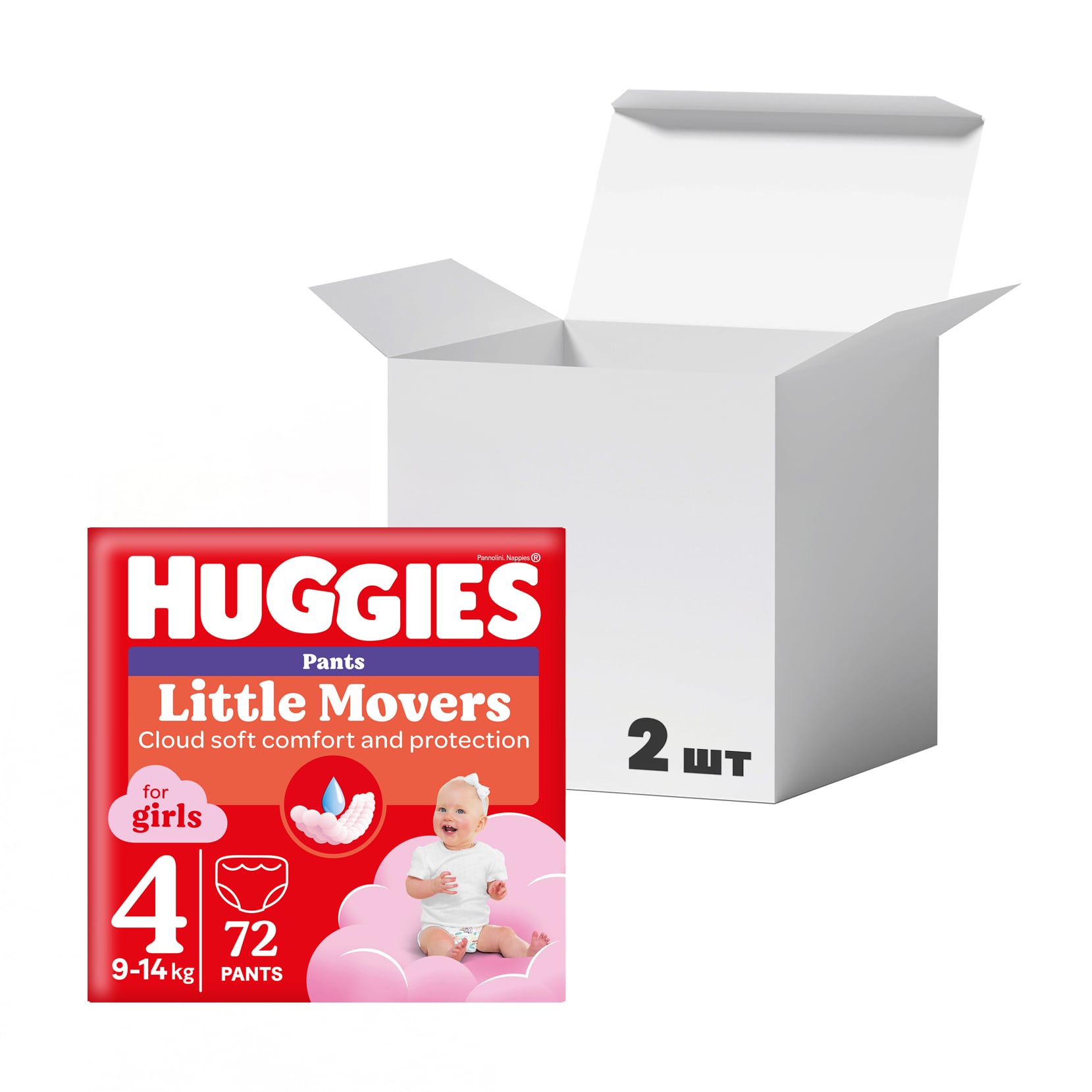Упаковка підгузків-трусиків Huggies Little Movers Pants для дівчаток, розмір 4 (9-14 кг), 72 шт * 2 шт