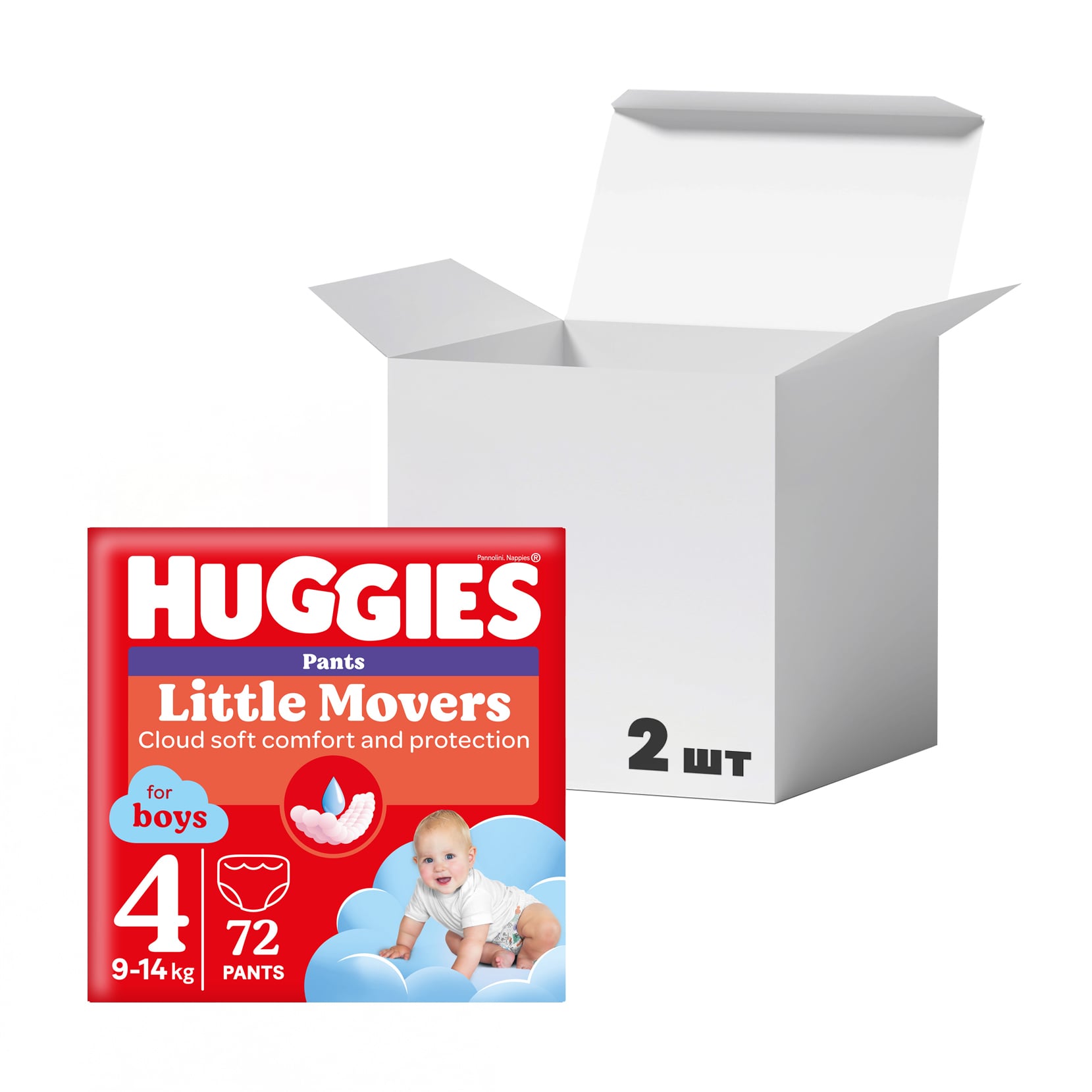 Упаковка підгузків-трусиків Huggies Little Movers Pants для хлопчиків, розмір 4 (9-14 кг), 72 шт * 2 шт